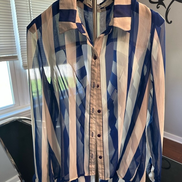 Striped Sheer Button-Up Blouse - Picture 2 of 4